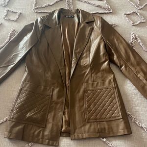 Brown leather jacket, hits perfectly where a mini dress, in pristine condition